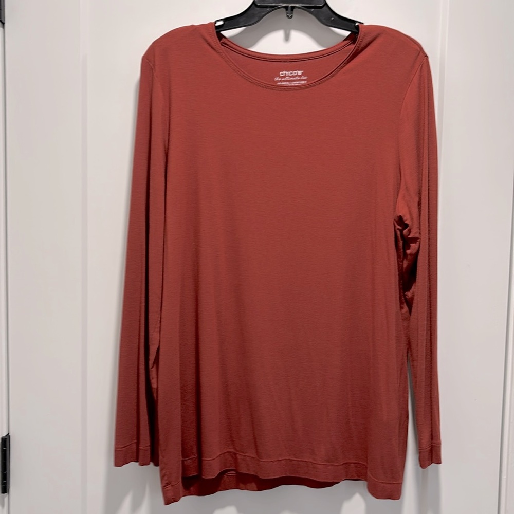 Chico’s Burnt Orange Rust LSLV Tunic Top Sz 3